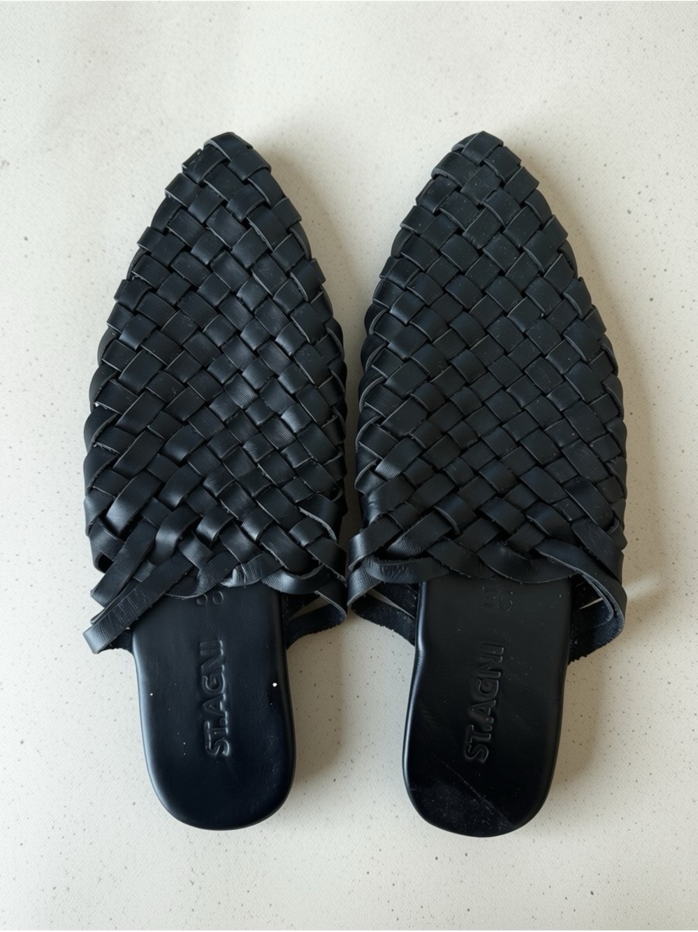 St. Agni Black Woven Leather Slip-On Mules